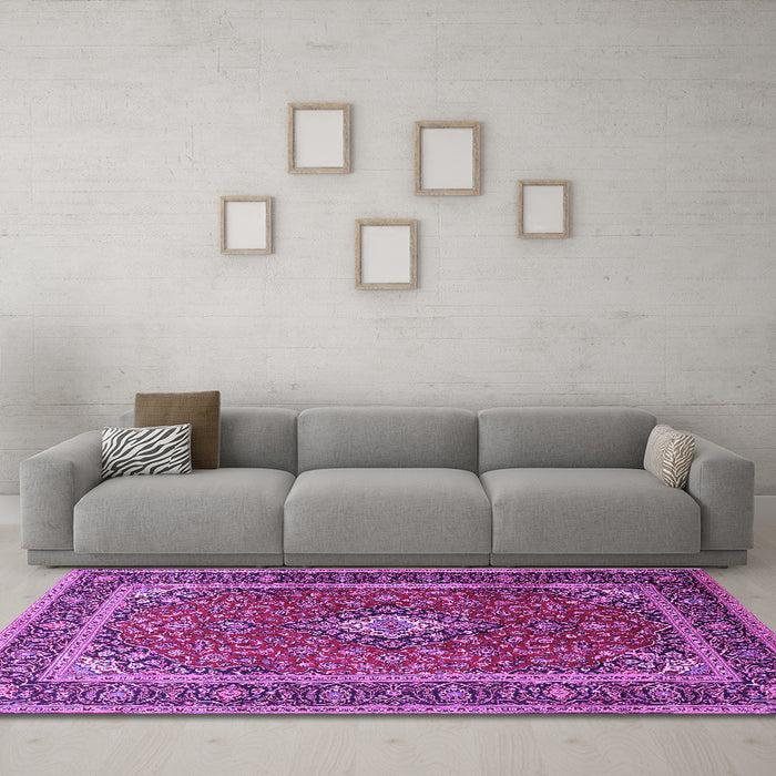 Machine Washable Medallion Purple Traditional Area Rugs in a Living Room, wshtr3876pur