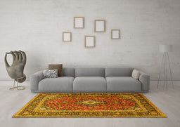 Machine Washable Medallion Yellow Traditional Rug in a Living Room, wshtr3876yw