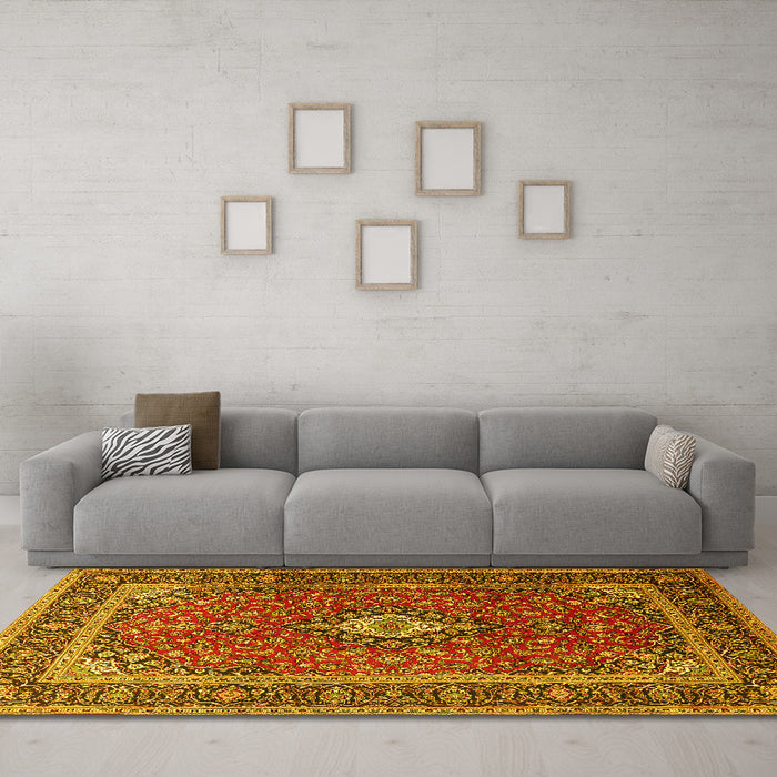 Machine Washable Medallion Yellow Traditional Rug in a Living Room, wshtr3876yw