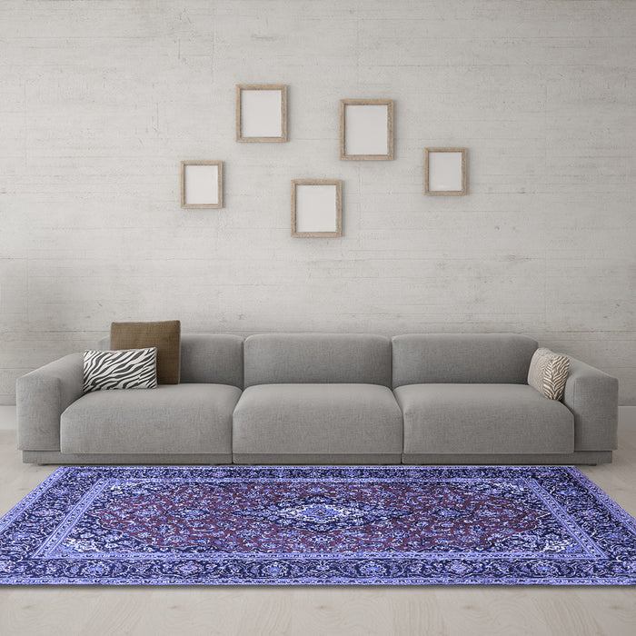 Machine Washable Medallion Blue Traditional Rug in a Living Room, wshtr3876blu