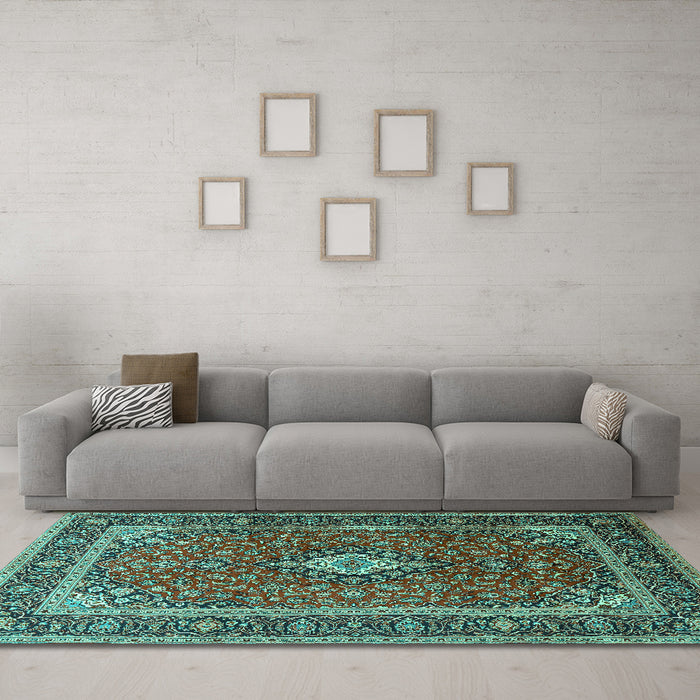 Machine Washable Medallion Turquoise Traditional Area Rugs in a Living Room,, wshtr3876turq