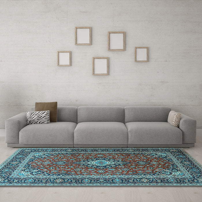 Machine Washable Medallion Light Blue Traditional Rug in a Living Room, wshtr3876lblu