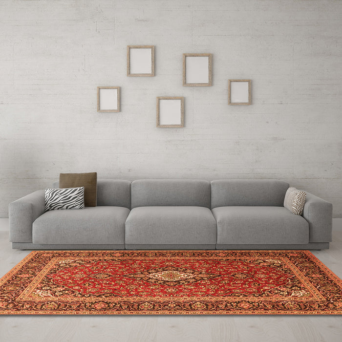 Machine Washable Medallion Orange Traditional Area Rugs in a Living Room, wshtr3876org