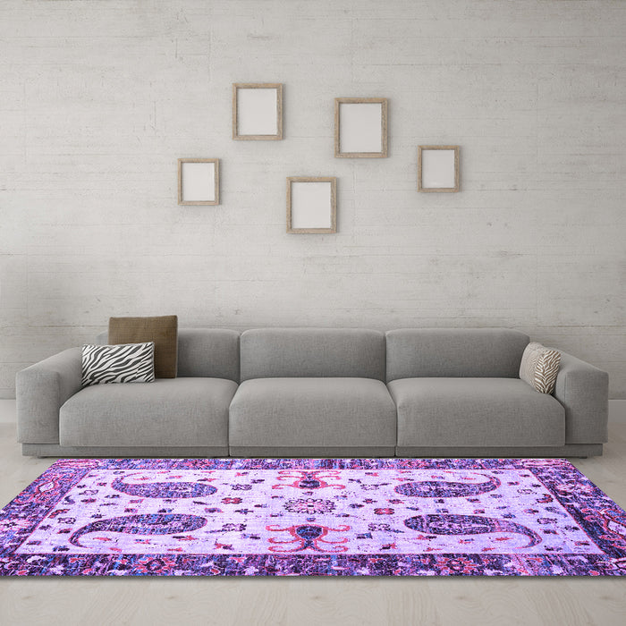 Machine Washable Persian Purple Traditional Area Rugs in a Living Room, wshtr3877pur