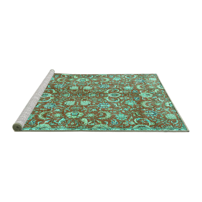 Sideview of Machine Washable Persian Turquoise Traditional Area Rugs, wshtr3878turq