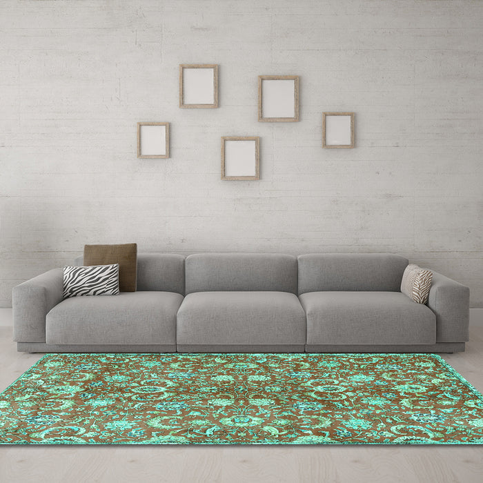 Machine Washable Persian Turquoise Traditional Area Rugs in a Living Room,, wshtr3878turq