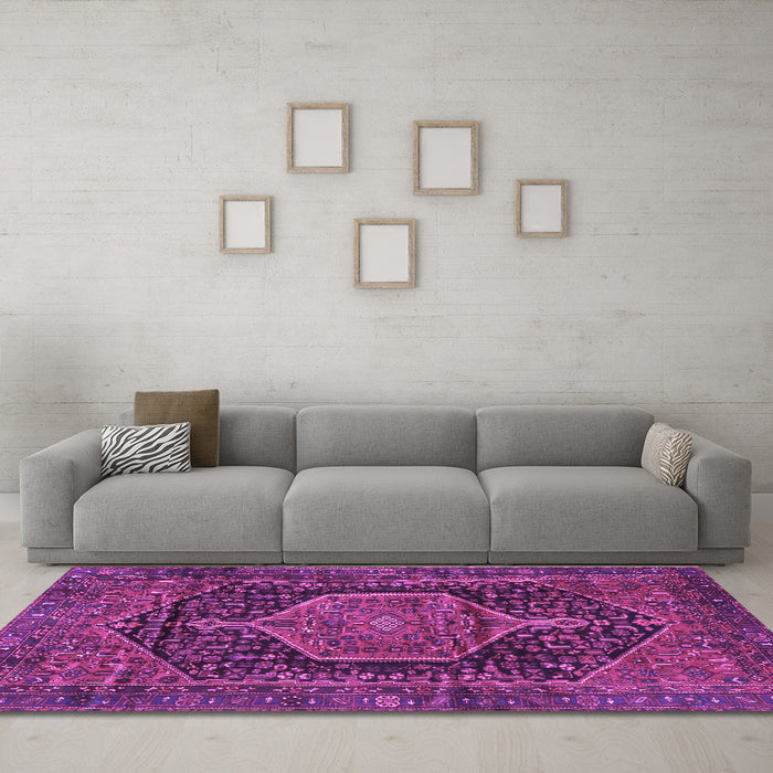 Machine Washable Persian Purple Traditional Area Rugs in a Living Room, wshtr3879pur