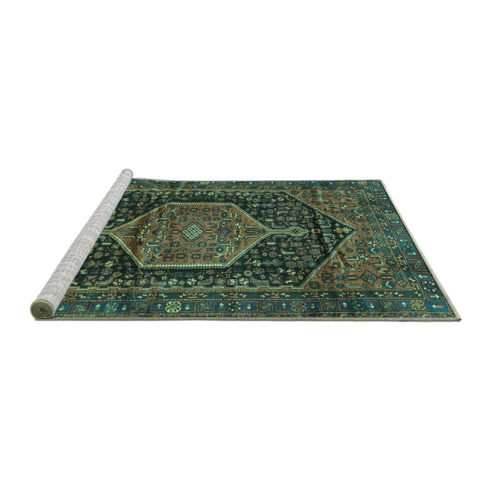 Sideview of Machine Washable Persian Turquoise Traditional Area Rugs, wshtr3879turq