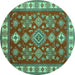 Round Geometric Turquoise Traditional Rug, tr387turq