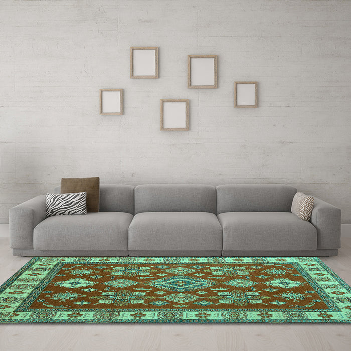 Machine Washable Geometric Turquoise Traditional Area Rugs in a Living Room,, wshtr387turq