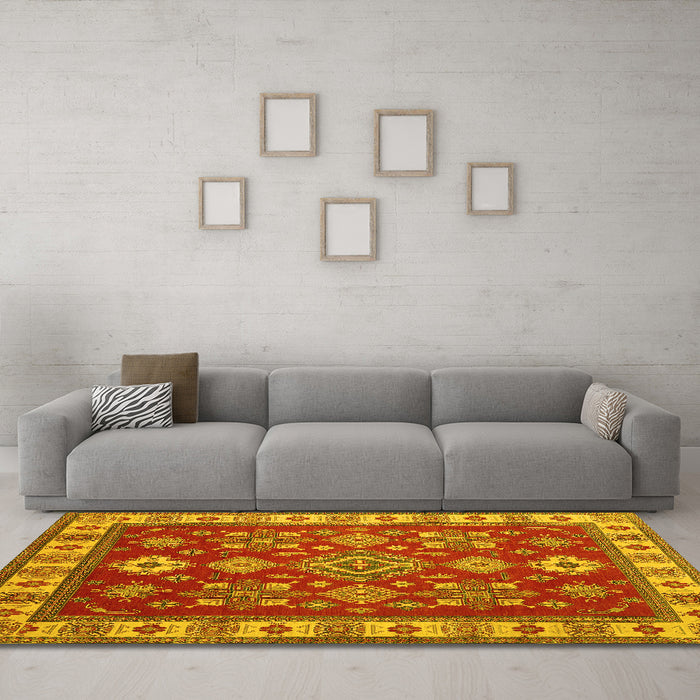 Machine Washable Geometric Yellow Traditional Rug in a Living Room, wshtr387yw