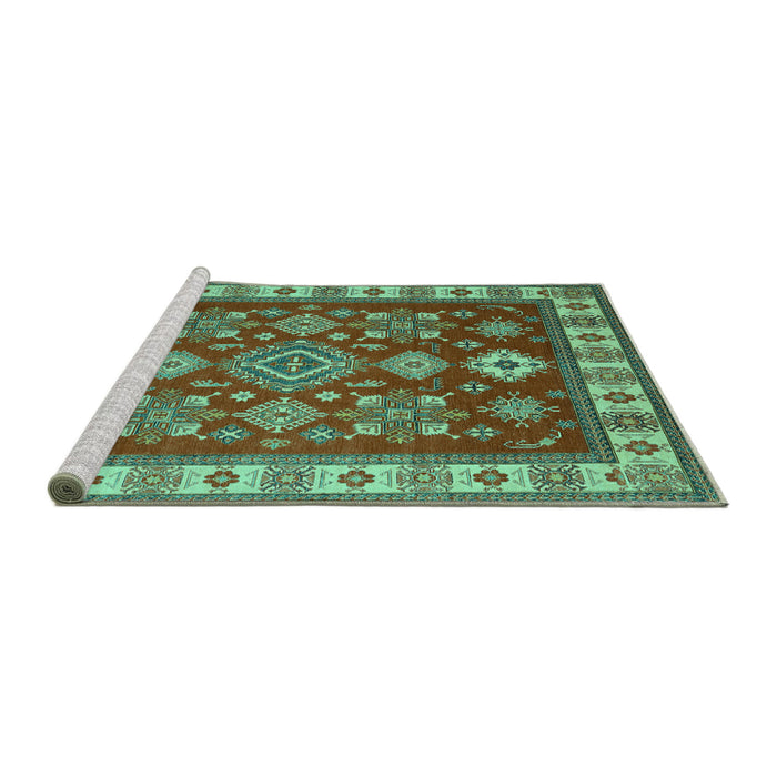 Sideview of Machine Washable Geometric Turquoise Traditional Area Rugs, wshtr387turq
