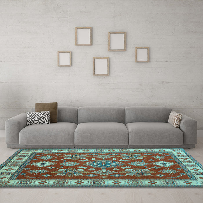 Machine Washable Geometric Light Blue Traditional Rug in a Living Room, wshtr387lblu