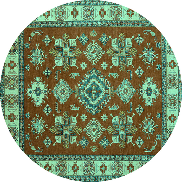 Round Machine Washable Geometric Turquoise Traditional Area Rugs, wshtr387turq