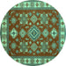 Round Machine Washable Geometric Turquoise Traditional Area Rugs, wshtr387turq