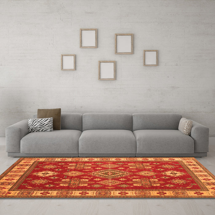 Machine Washable Geometric Orange Traditional Area Rugs in a Living Room, wshtr387org