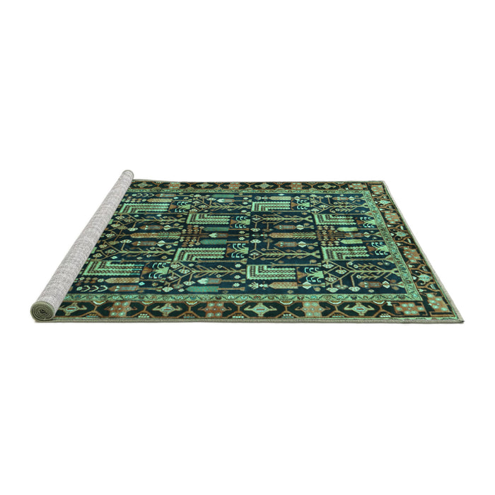 Sideview of Machine Washable Persian Turquoise Traditional Area Rugs, wshtr3880turq