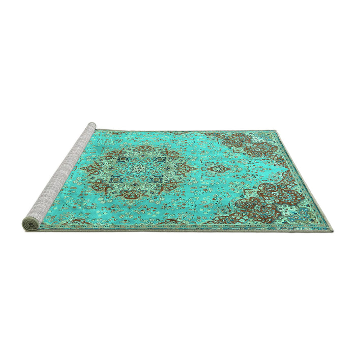Sideview of Machine Washable Persian Turquoise Traditional Area Rugs, wshtr3881turq