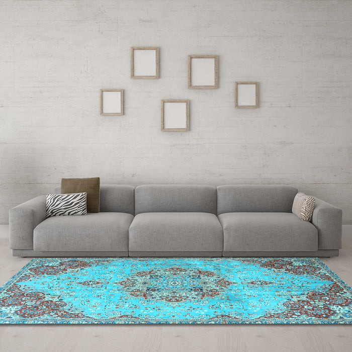Machine Washable Persian Light Blue Traditional Rug in a Living Room, wshtr3881lblu