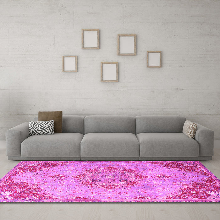 Machine Washable Persian Pink Traditional Rug in a Living Room, wshtr3881pnk