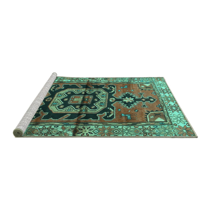 Sideview of Machine Washable Persian Turquoise Traditional Area Rugs, wshtr3882turq