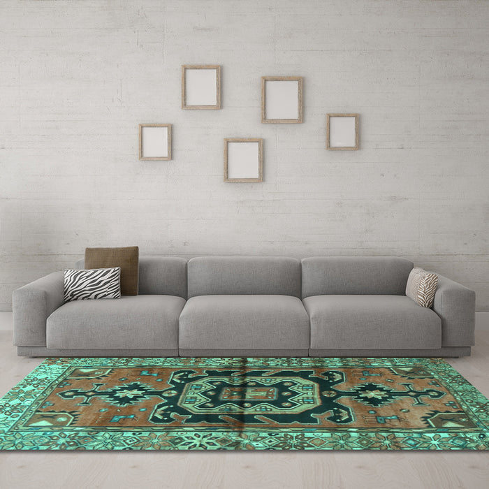 Machine Washable Persian Turquoise Traditional Area Rugs in a Living Room,, wshtr3882turq