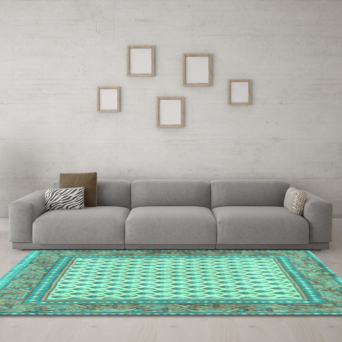 Machine Washable Persian Turquoise Traditional Area Rugs in a Living Room,, wshtr3883turq