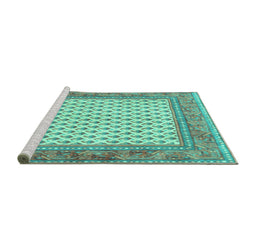 Sideview of Machine Washable Persian Turquoise Traditional Area Rugs, wshtr3883turq