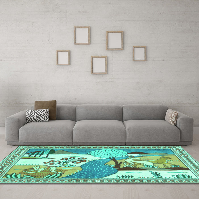 Machine Washable Animal Turquoise Traditional Area Rugs in a Living Room,, wshtr3885turq