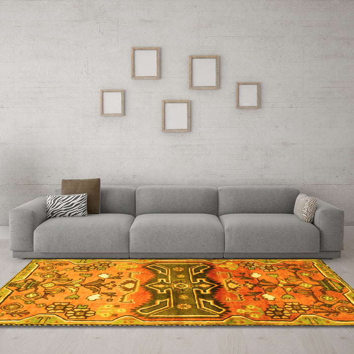 Machine Washable Animal Yellow Traditional Rug in a Living Room, wshtr3886yw