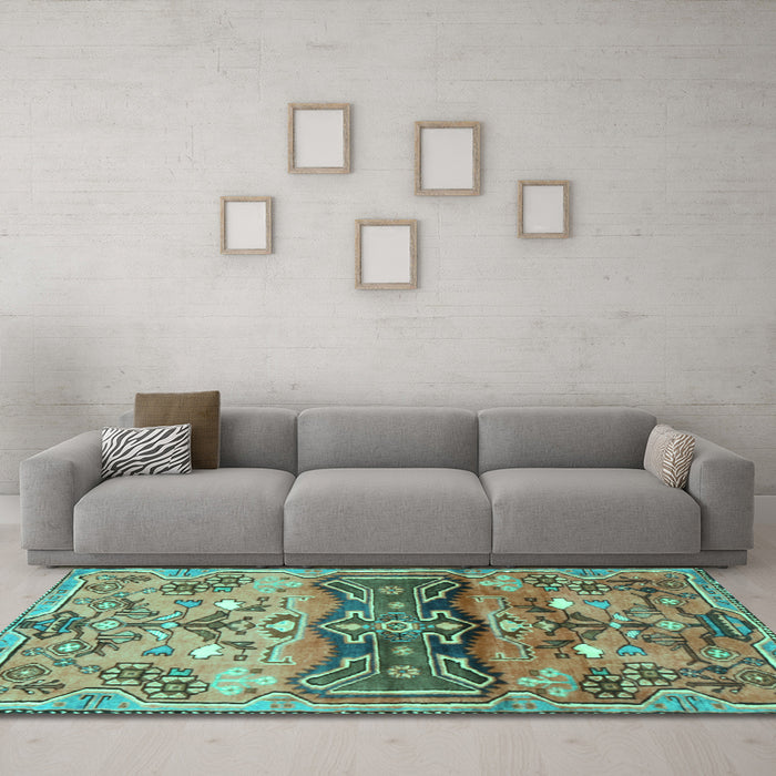 Machine Washable Animal Turquoise Traditional Area Rugs in a Living Room,, wshtr3886turq