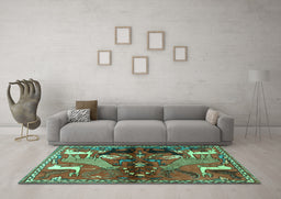 Machine Washable Animal Turquoise Traditional Area Rugs in a Living Room,, wshtr3888turq