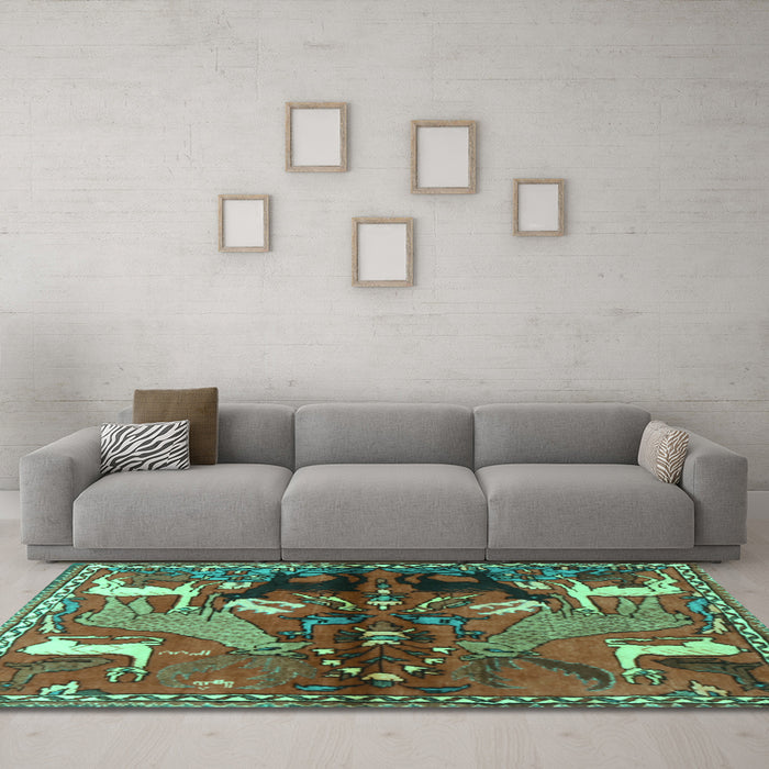 Machine Washable Animal Turquoise Traditional Area Rugs in a Living Room,, wshtr3888turq