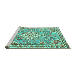 Sideview of Machine Washable Medallion Turquoise Traditional Area Rugs, wshtr3889turq