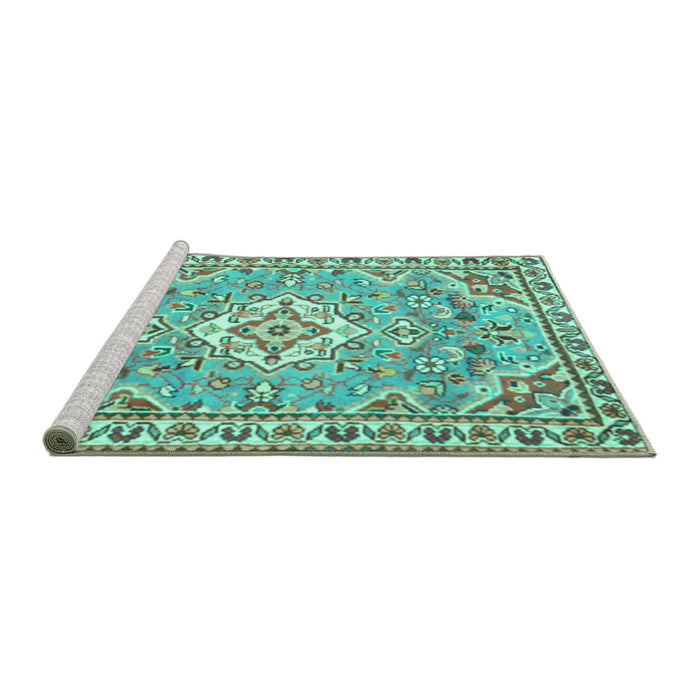 Sideview of Machine Washable Medallion Turquoise Traditional Area Rugs, wshtr3889turq