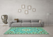 Machine Washable Medallion Turquoise Traditional Area Rugs in a Living Room,, wshtr3889turq