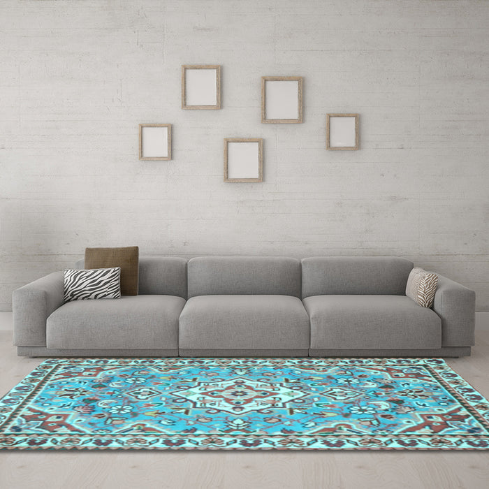 Machine Washable Medallion Light Blue Traditional Rug in a Living Room, wshtr3889lblu
