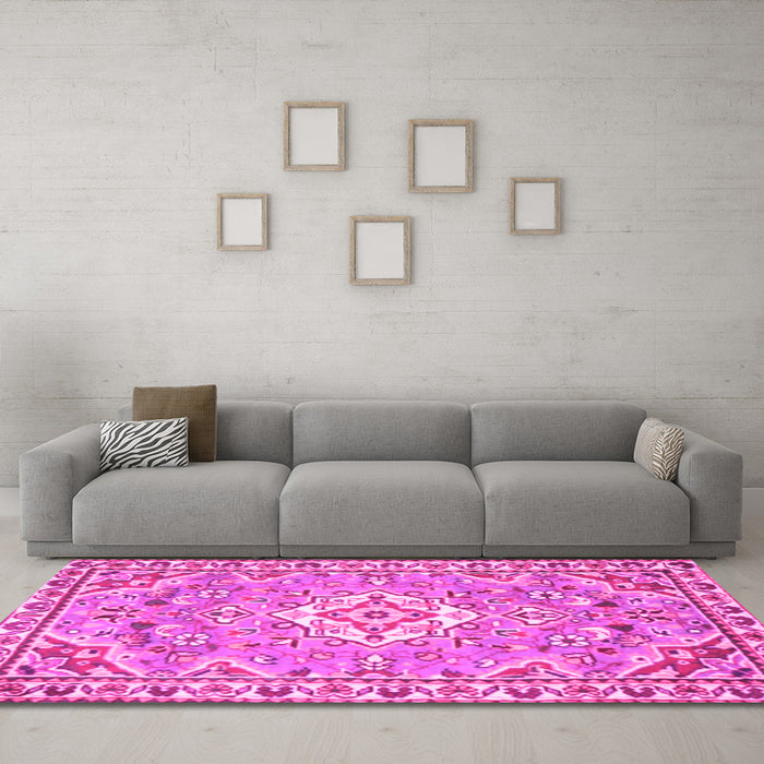 Machine Washable Medallion Pink Traditional Rug in a Living Room, wshtr3889pnk