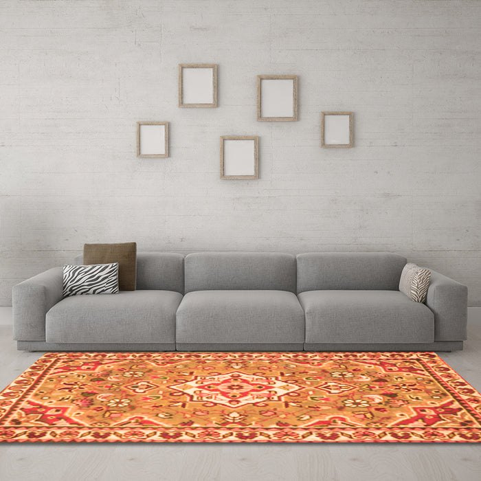 Machine Washable Medallion Orange Traditional Area Rugs in a Living Room, wshtr3889org