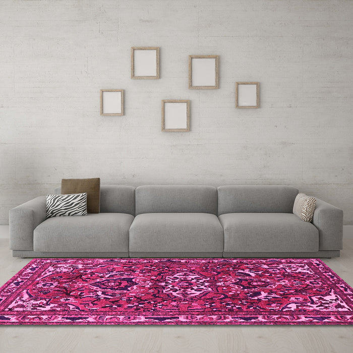Machine Washable Persian Pink Traditional Rug in a Living Room, wshtr388pnk