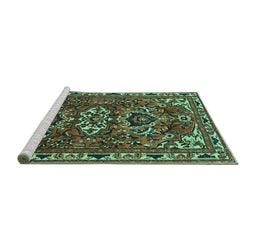 Sideview of Machine Washable Persian Turquoise Traditional Area Rugs, wshtr388turq