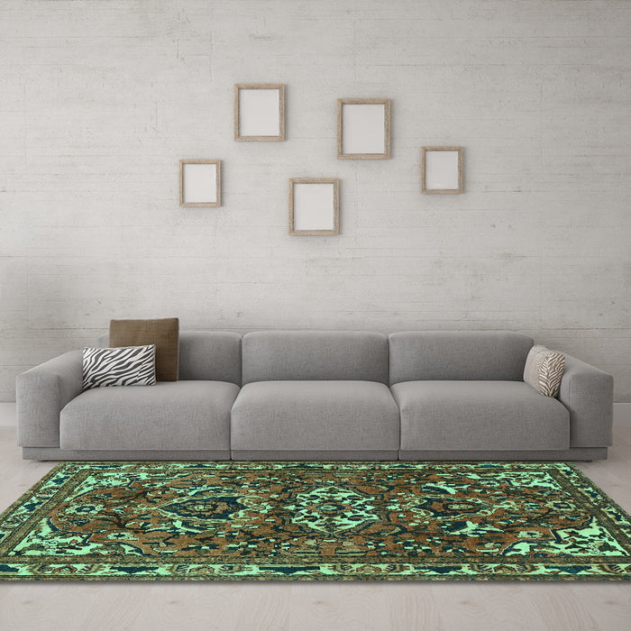 Machine Washable Persian Turquoise Traditional Area Rugs in a Living Room,, wshtr388turq