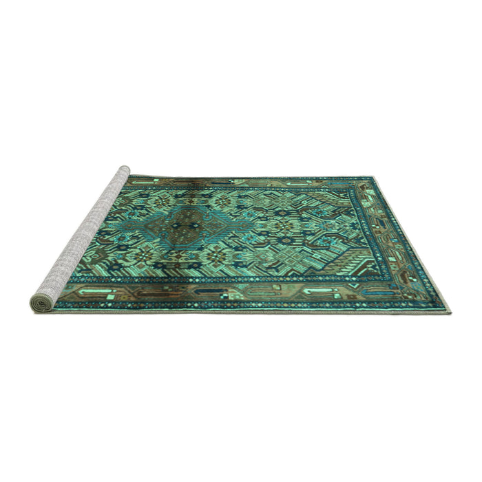 Sideview of Machine Washable Persian Turquoise Traditional Area Rugs, wshtr3890turq