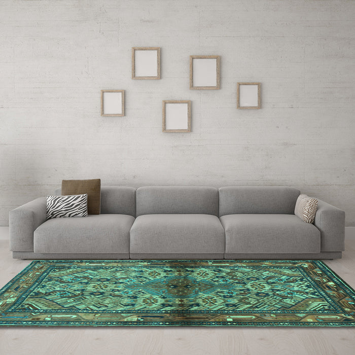 Machine Washable Persian Turquoise Traditional Area Rugs in a Living Room,, wshtr3890turq