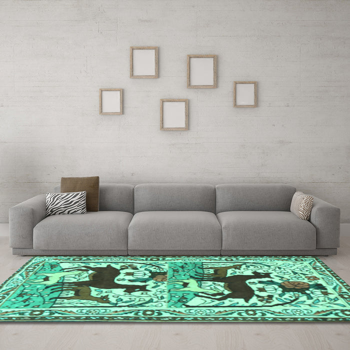 Machine Washable Persian Turquoise Traditional Area Rugs in a Living Room,, wshtr3893turq