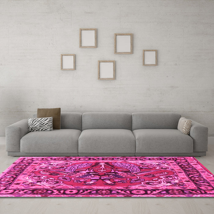 Machine Washable Persian Pink Traditional Rug in a Living Room, wshtr3894pnk