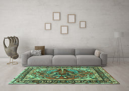 Machine Washable Persian Turquoise Traditional Area Rugs in a Living Room,, wshtr3894turq