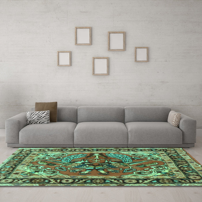Machine Washable Persian Turquoise Traditional Area Rugs in a Living Room,, wshtr3894turq