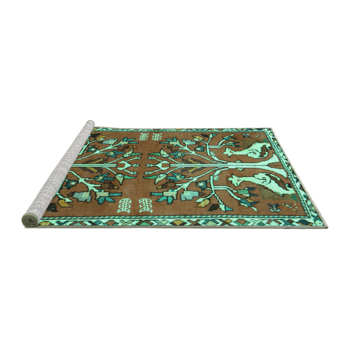 Sideview of Machine Washable Persian Turquoise Traditional Area Rugs, wshtr3895turq