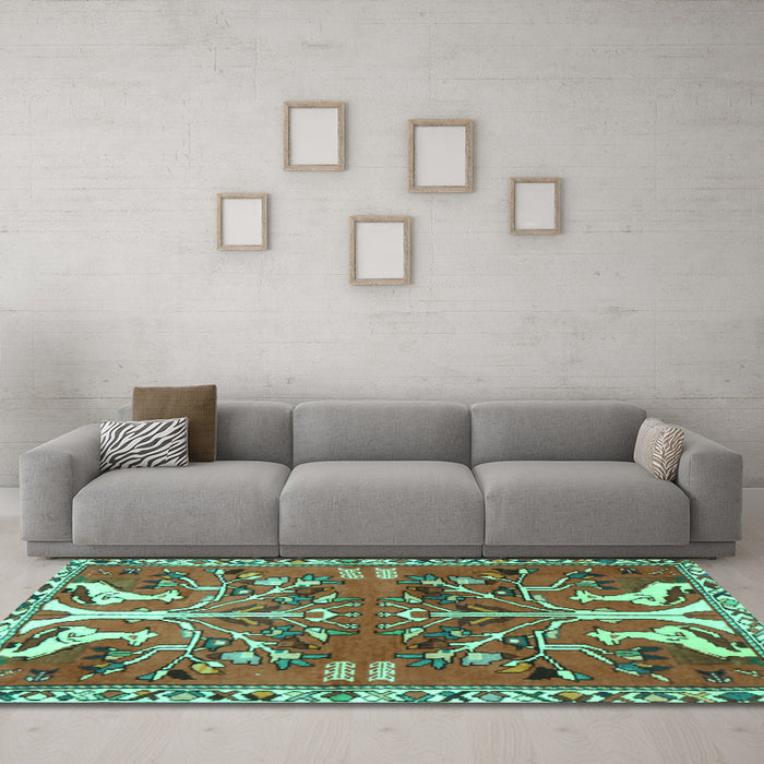 Machine Washable Persian Turquoise Traditional Area Rugs in a Living Room,, wshtr3895turq